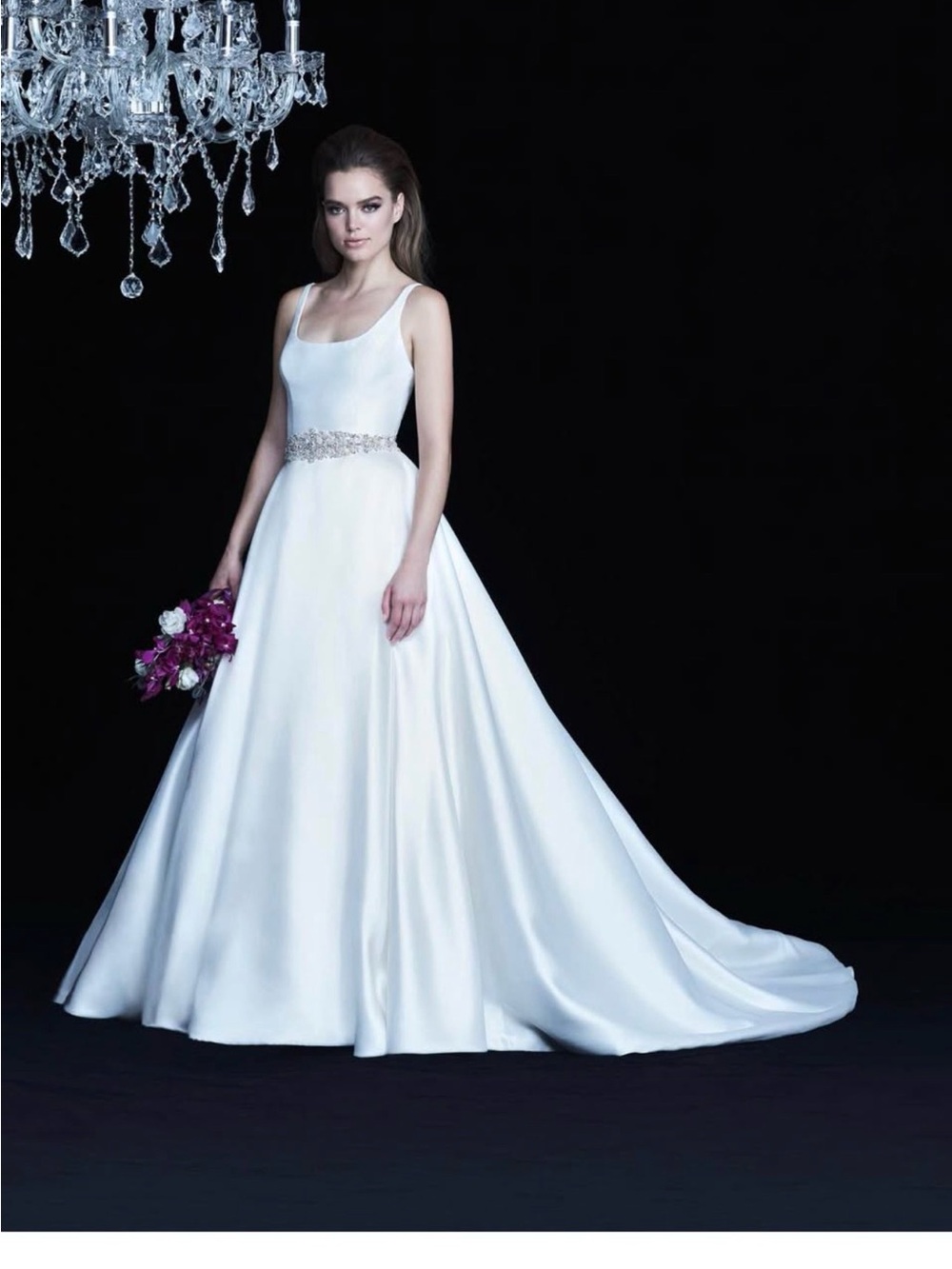 Paloma Blanca Satin A-Line Wedding Dress in White with Beaded Waist